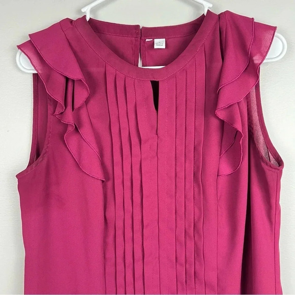 Deep Burgundy Office Workwear Ruffle Sleeveless Shirt, Size Small by Elle - Picture 2 of 10